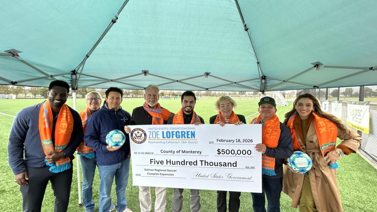 Rep. Lofgren presenting check to Salinas Regional Soccer Complex 