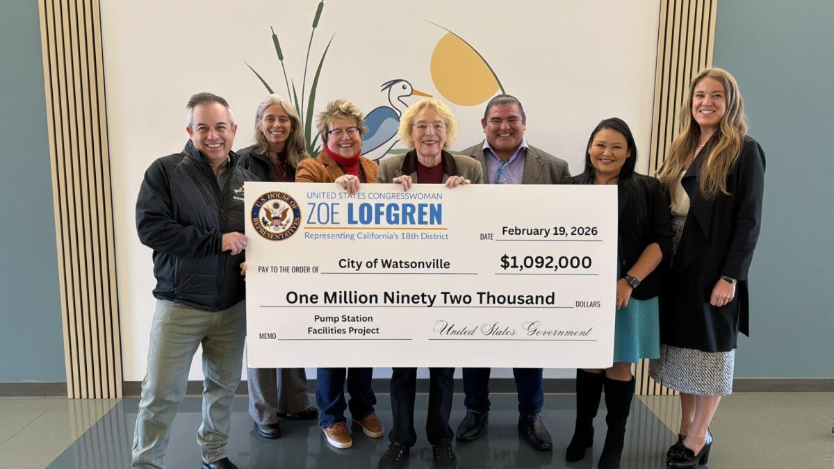 Rep. Lofgren presenting check to Watsonville Headworks and Influent Pump Station Facilities Project